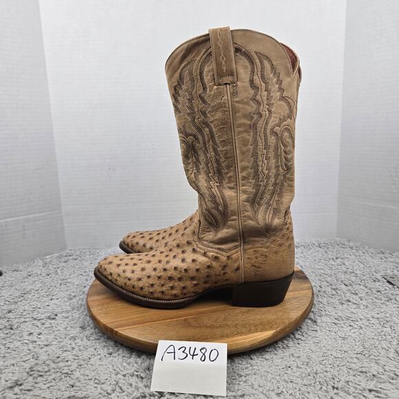 Dan Post Tan Full Quill Ostrich Leather Exotic Western Cowboy Boots Mens 9 D - Picture 1 of 16